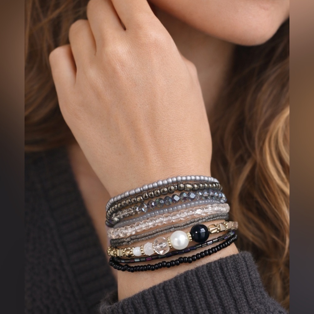 Midnight Onyx Black Beaded Bracelet Stack with elastic OS